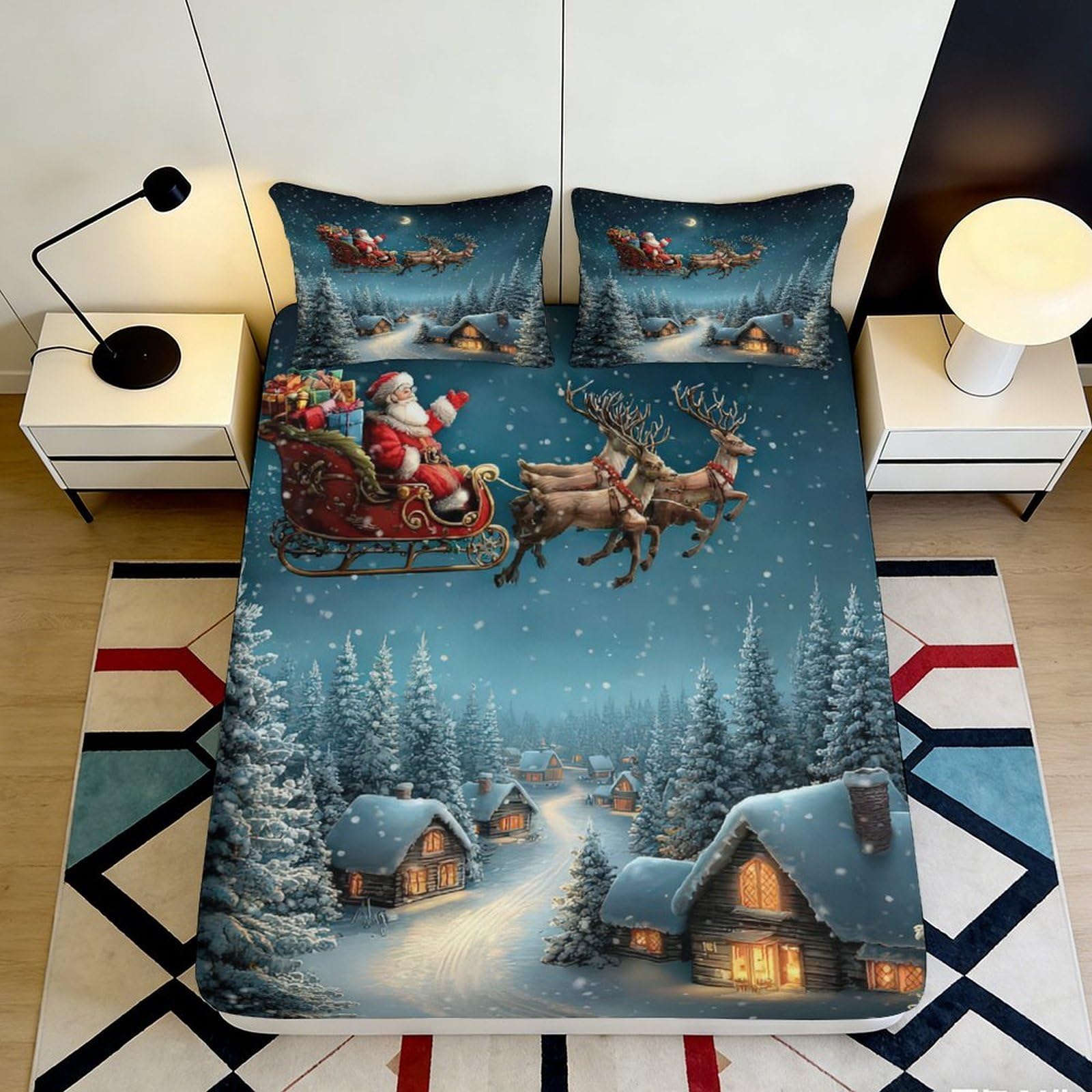 3D Printed Santa Sleigh Fitted Sheet Microfiber Soft Christmas Village Bed Cover for Bedroom Dorm Winter Decor 90x200x25cm