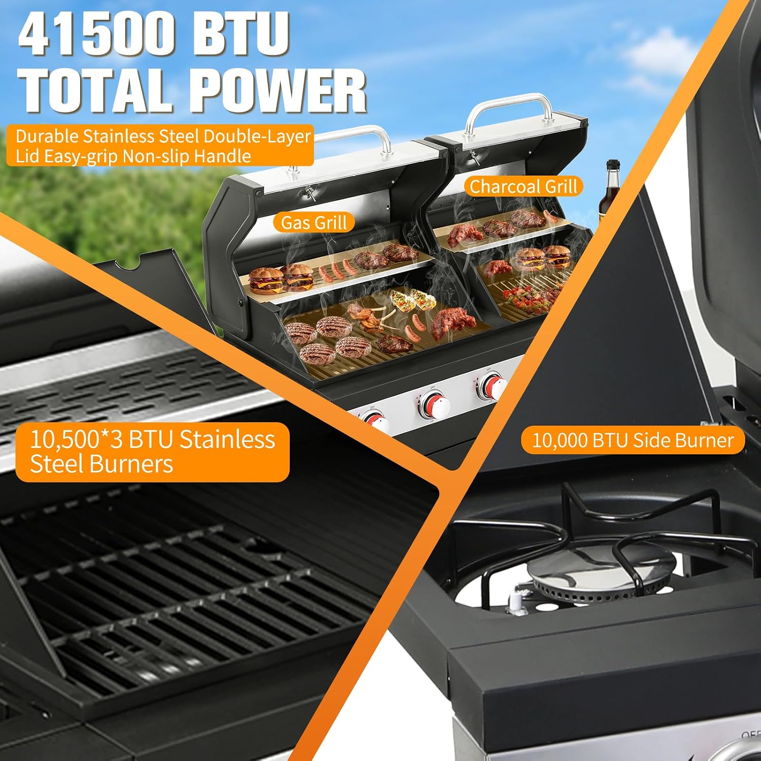 CIG GARDEN 3 Burner Propane Gas and Charcoal Grill Combo with Side Burner,Dual Fuel BBQ Grill with Cast Iron Griddle,41,500 BTU Output Perfect for Outdoor Cooking, Balcony, Backyard,Camping
