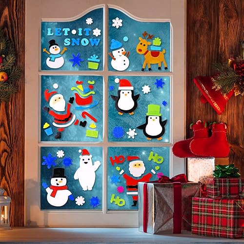 Miniatura 7 de XIMISHOP 6 adhesivos de gel de Navidad decoración de ventana de pingüino de Papá Noel, muñeco de nieve, copo de nieve