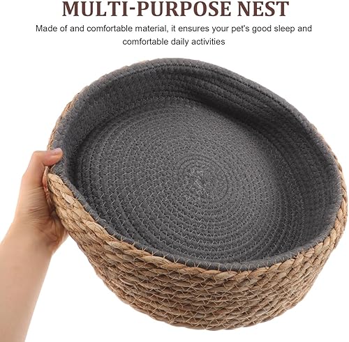 Miniatura 3 de Cesta de cama de mimbre natural para gatos, hecha a mano, trenzada, con cojín suave, para sofá y gato, con cojín para gatito, cachorro, perro