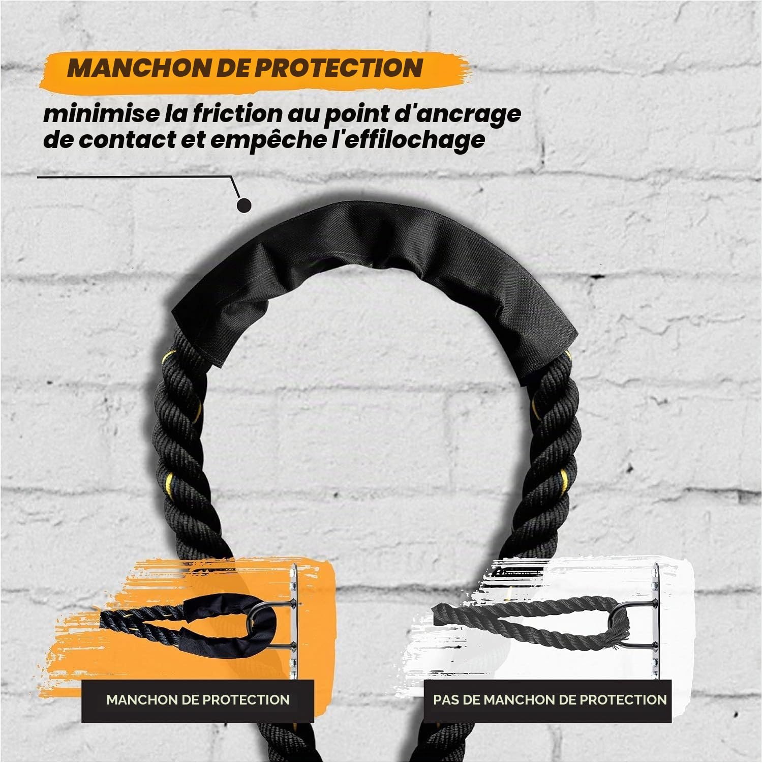 Yes4All corde de combat, corde d'entraînement pour exercices de combat avec couverture protectrice - Ancre et sangle en acier incluses, 38mm/50mm diamètre Poly Dacron 9m/12m/15m de longueur