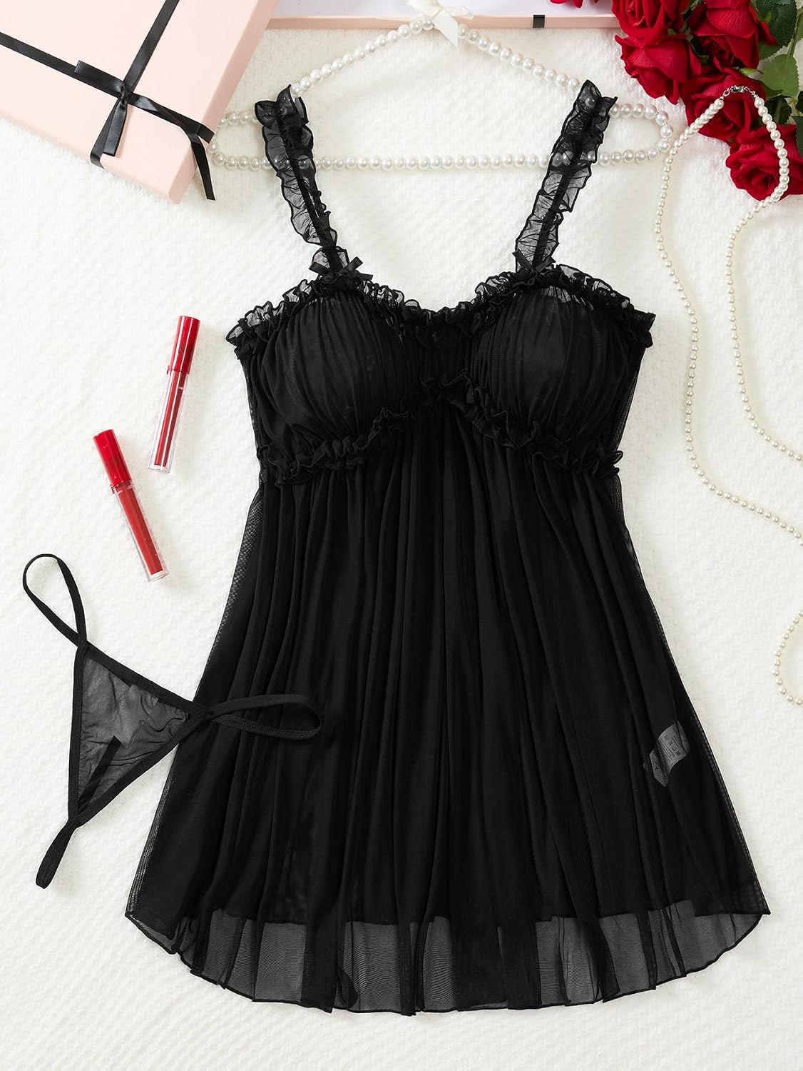 Sexy Ruffle Mesh Sheer Babydoll Sleeveless Lingerie Dress Set with Thong 2 Piece