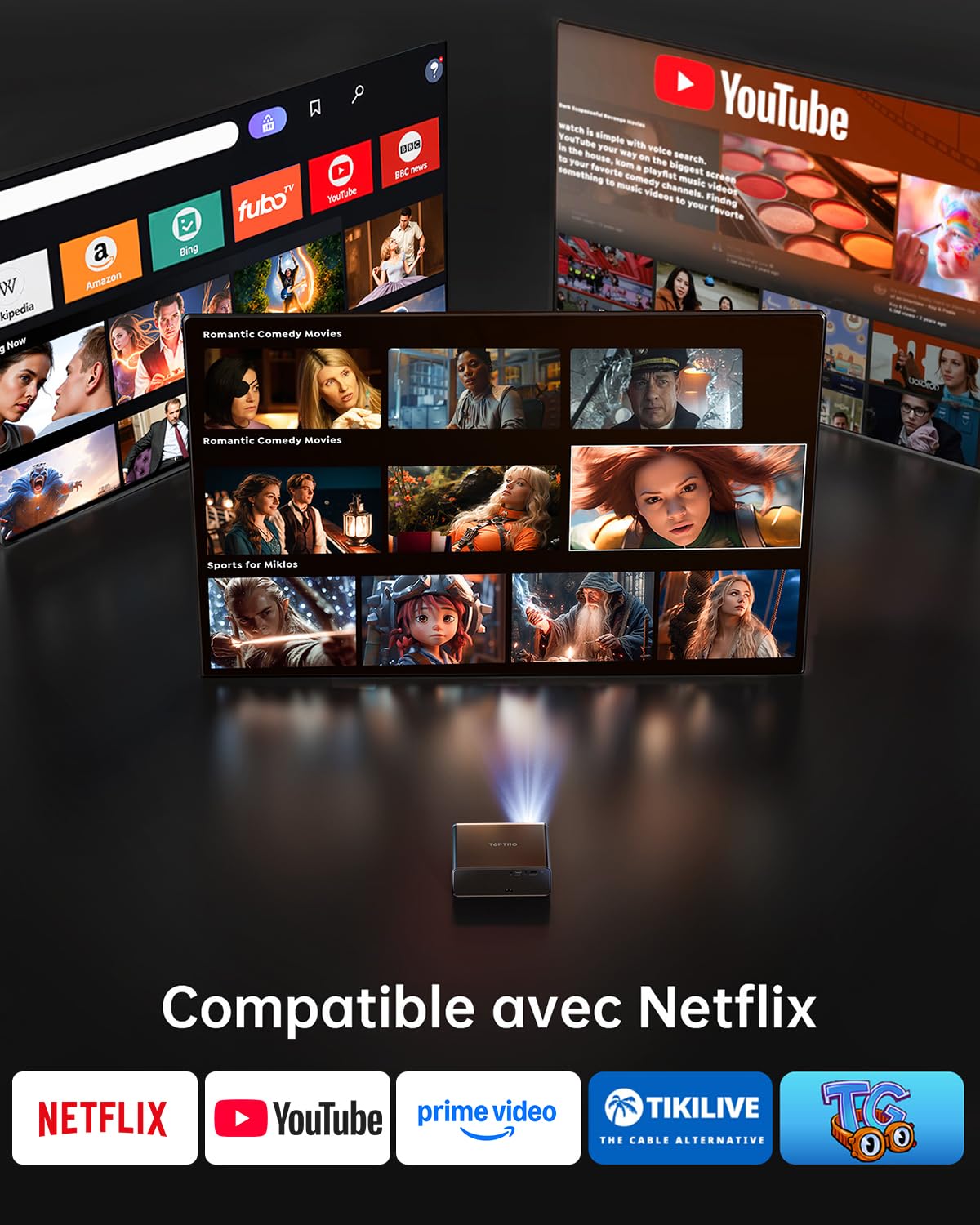 Vidéoprojecteur 4K【1000ANSI/Compatible Netflix/Dolby】 VideoProjecteur Portable AI Auto Focus/Keystone WiFi6 Bluetooth, TOPTRO Projecteur 1080P FHD, Rétroprojecteur 4k Extérieur Zoom 50% Home Cinéma