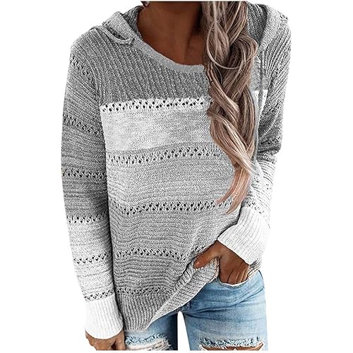 Fudule Women's Pullover Sweaters,Lightweight V Neck Pullover Color Block Hoodie Striped Hollow Out Sweater Knit Blouse