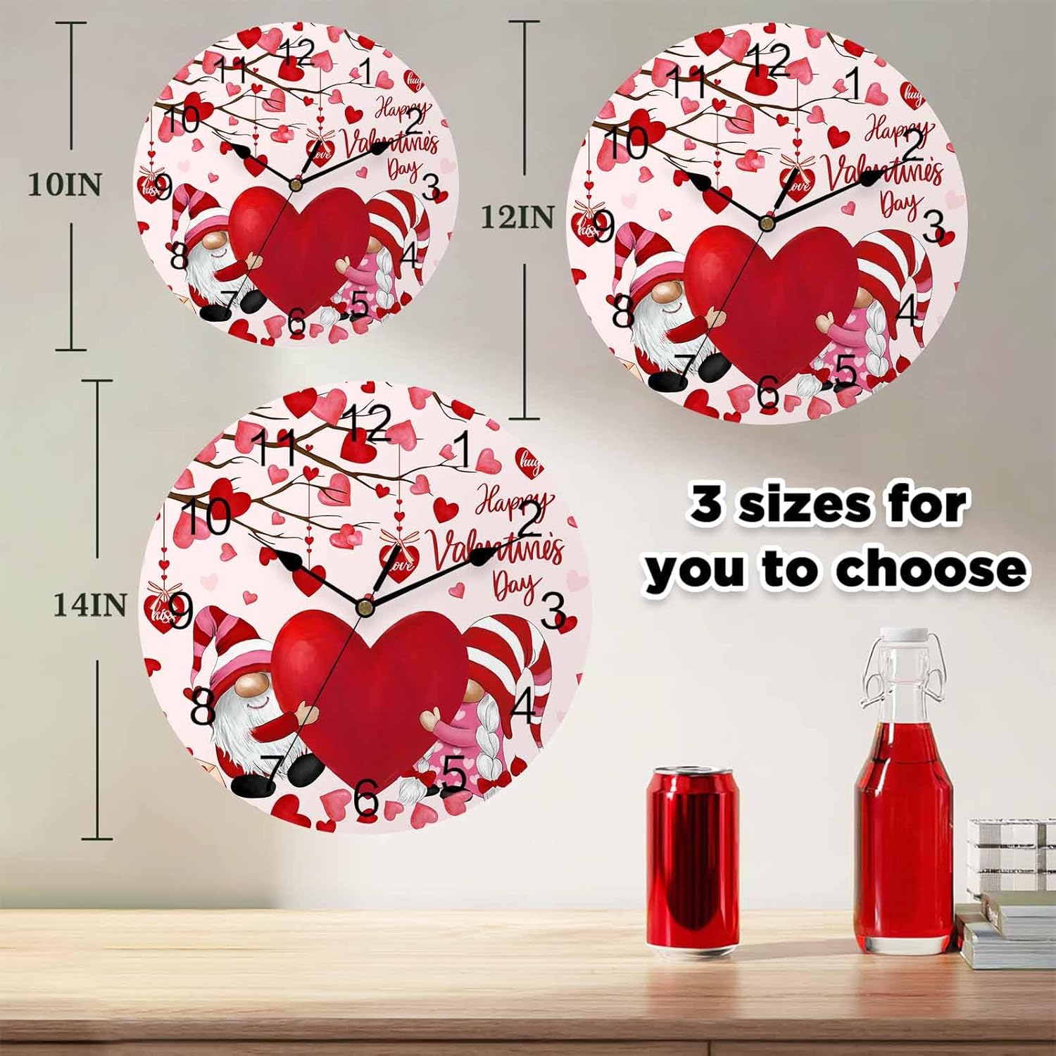 Happy Valentine's Day Silent PVC Wall Clock 14 Inch Gnomes Round Wall Clock Red Love Heart Tree Hanging Clock for Kitchen Non Ticking Battery Operated Living Room Pink Mute Clock