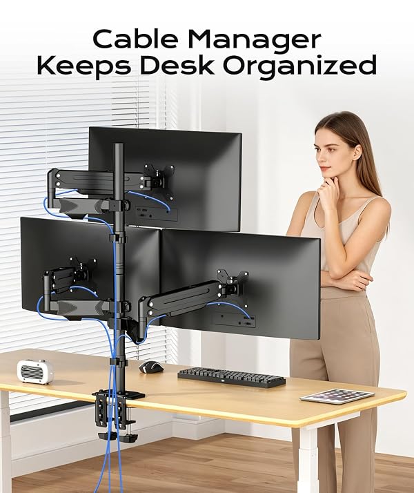 Pholiten Triple Monitor Mount, 3 Gas Spring Monitor Arms for Up to 32 inches Screens, Fully Adjustable Heavy Duty Triple Monitor Mount with Cable Management, Each Arm Holds 22 lbs by Pholiten - Used condition - Image 8