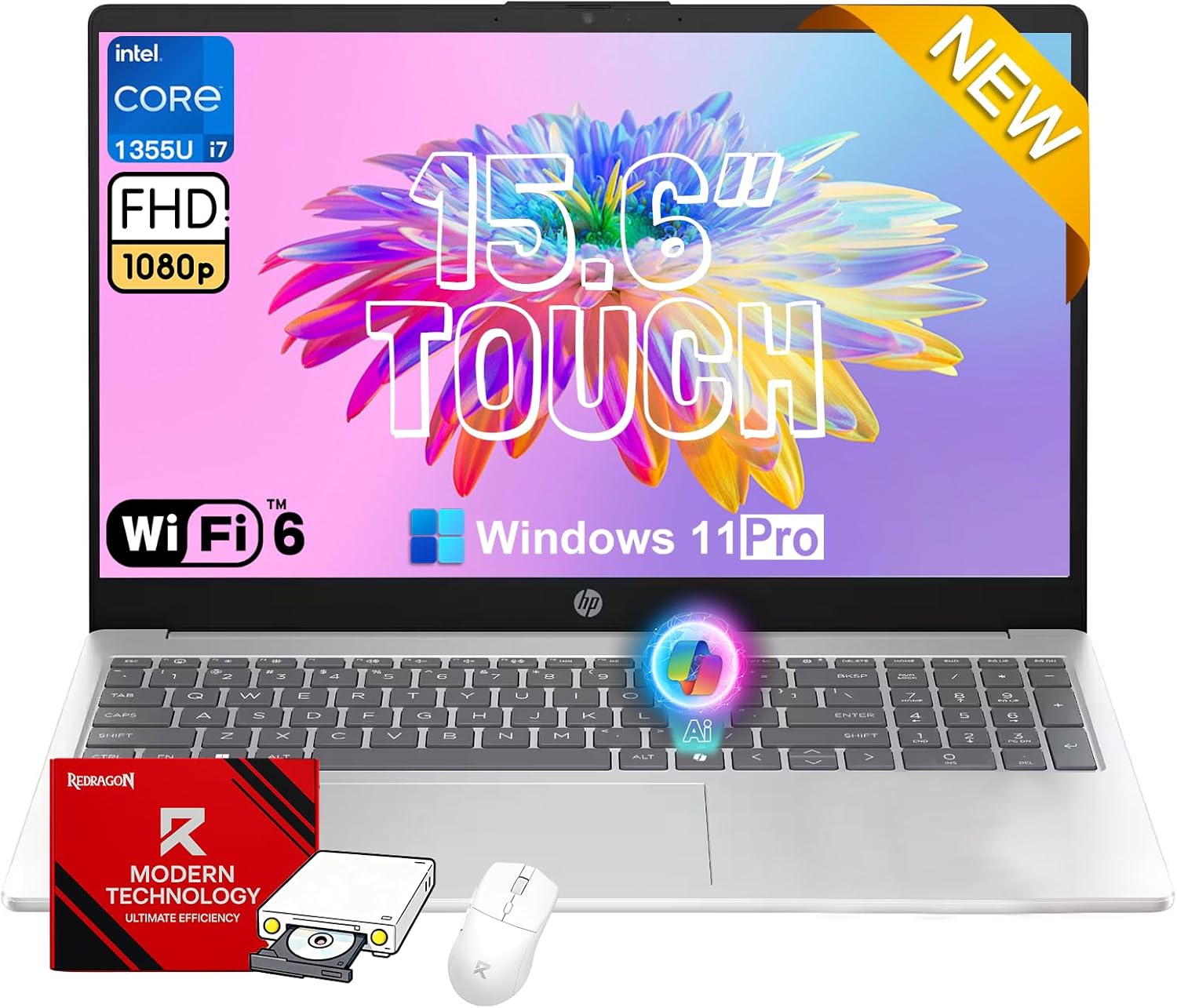 HP 2026 15.6" Touchscreen Business Laptop - Intel 10-Core i7 1355U (Up to 5.0GHz), 16GB RAM, 512GB SSD, 15.6" FHD Anti-Glare 300 nits Display, Win 11 Pro, Wi-Fi 6, Ai Copilot, w/Redragon Bundle