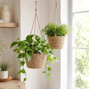 2 Pack Hanging Planter Basket, Jute Rope Rattan Woven Plant Hanger with Plastic Liner, Macrame Plant Holder Modern Storage Organizer for Plants Indoor Outdoor Decor#7