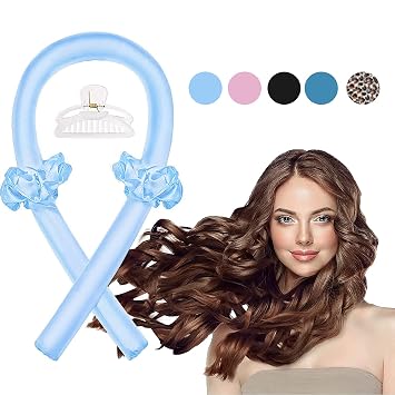 No Heat Curlers, Heatless Curling Rod Headband for Medium and Long Hair, Soft Silk Roller to Sleep In with Hair Clip and Hair Ties for DIY Styling Blue