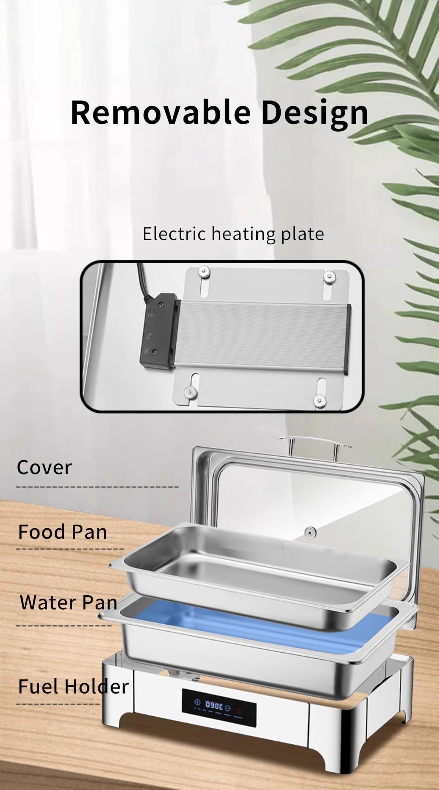 Juego de platos de acero inoxidable con triple rejilla LED de control de temperatura y tapa abatible para catering y eventos de banquetes