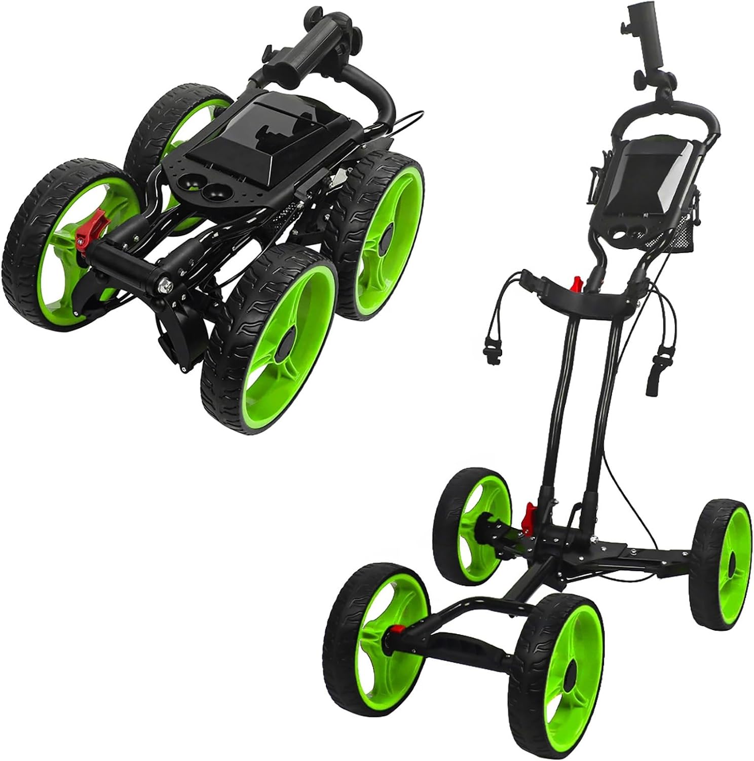 4-Wheel Golf Push Cart Golf Trolley with Foot Brake 1-Click Folding, 25KG Load Capacity, Large Storage with Cup Holder, Durable Wheels with Brake for All-TerrainGreen,L