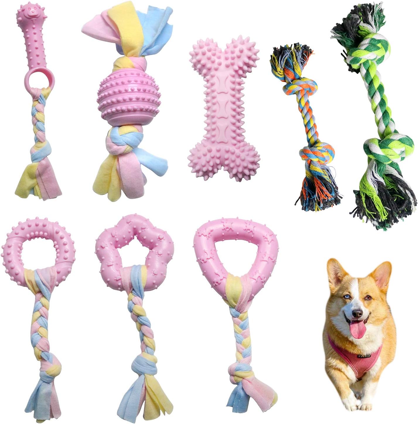 Bac-kitchen 6 + 2 Pcs Puppy Chew Toys Set, Cute Safe Rope Toys Teeth Clean Toys Set with Cotton and Rubber for Small Dogs, Washable…