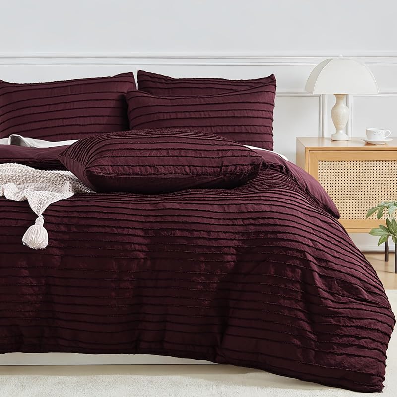 NEXHOME PRO Duvet Cover Queen,3 Pieces Boho Tufted Duvet Cover Set, Soft and Lightweight 100% Washed Microfiber Comforter Cover Set for All Season(Burgundy,90 x 90)-No Comforter