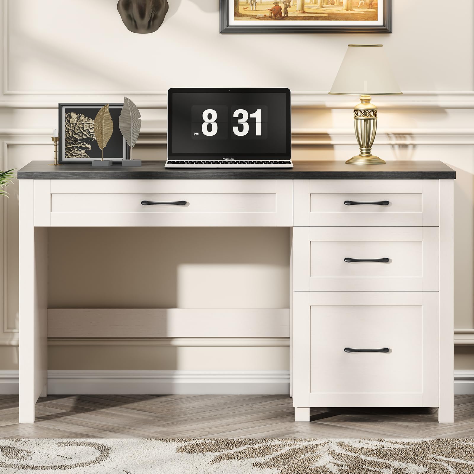 Vabches Farmhouse 47" Executive Desk, Computer Desk with File Drawer, Black