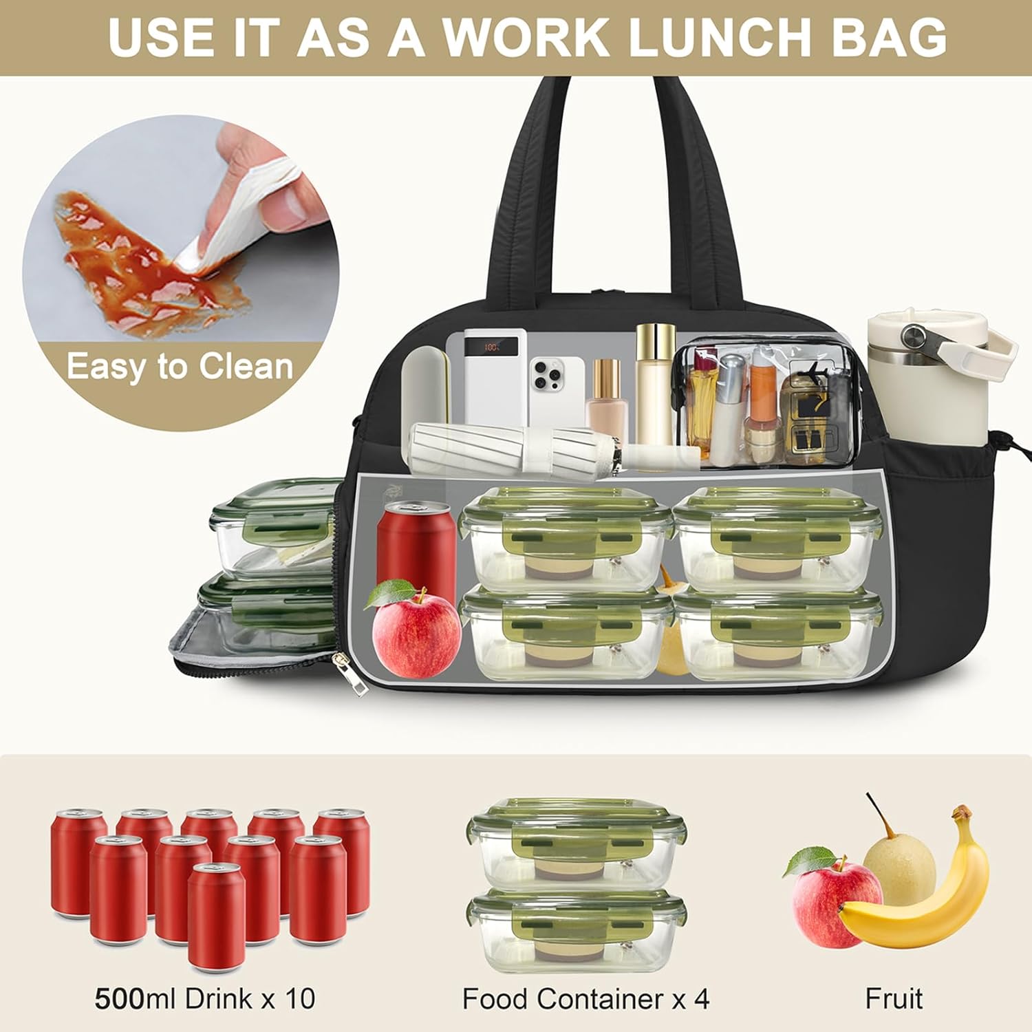 Lunch Tote Bag for Women,15.6 Inch Laptop Bag with Insulated Lunch Compartment,large Puffer Work Tote for Teacher, Nurse (Black)