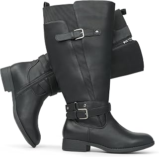 Women's Extra Wide Calf Low Heel Ankle Strap Sleek Design Knee High Riding Boots