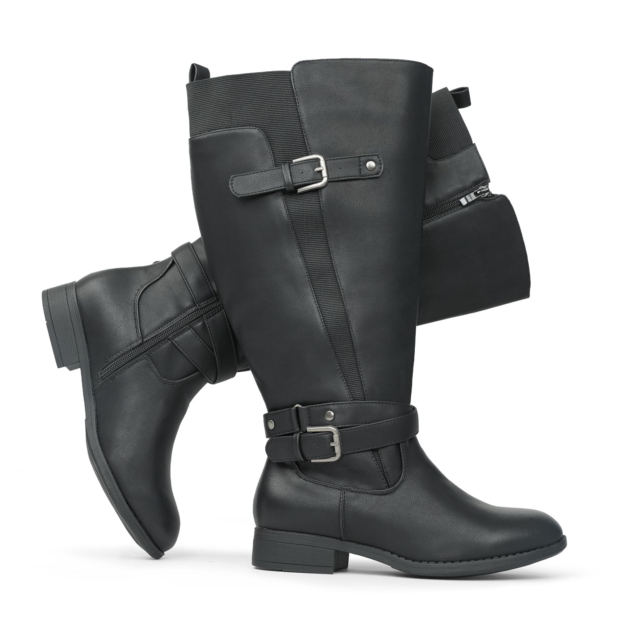 Stivali da equitazione da donna con gambo extra largo, tacco basso, cinturino alla caviglia, design sottile, stivali alti al ginocchio