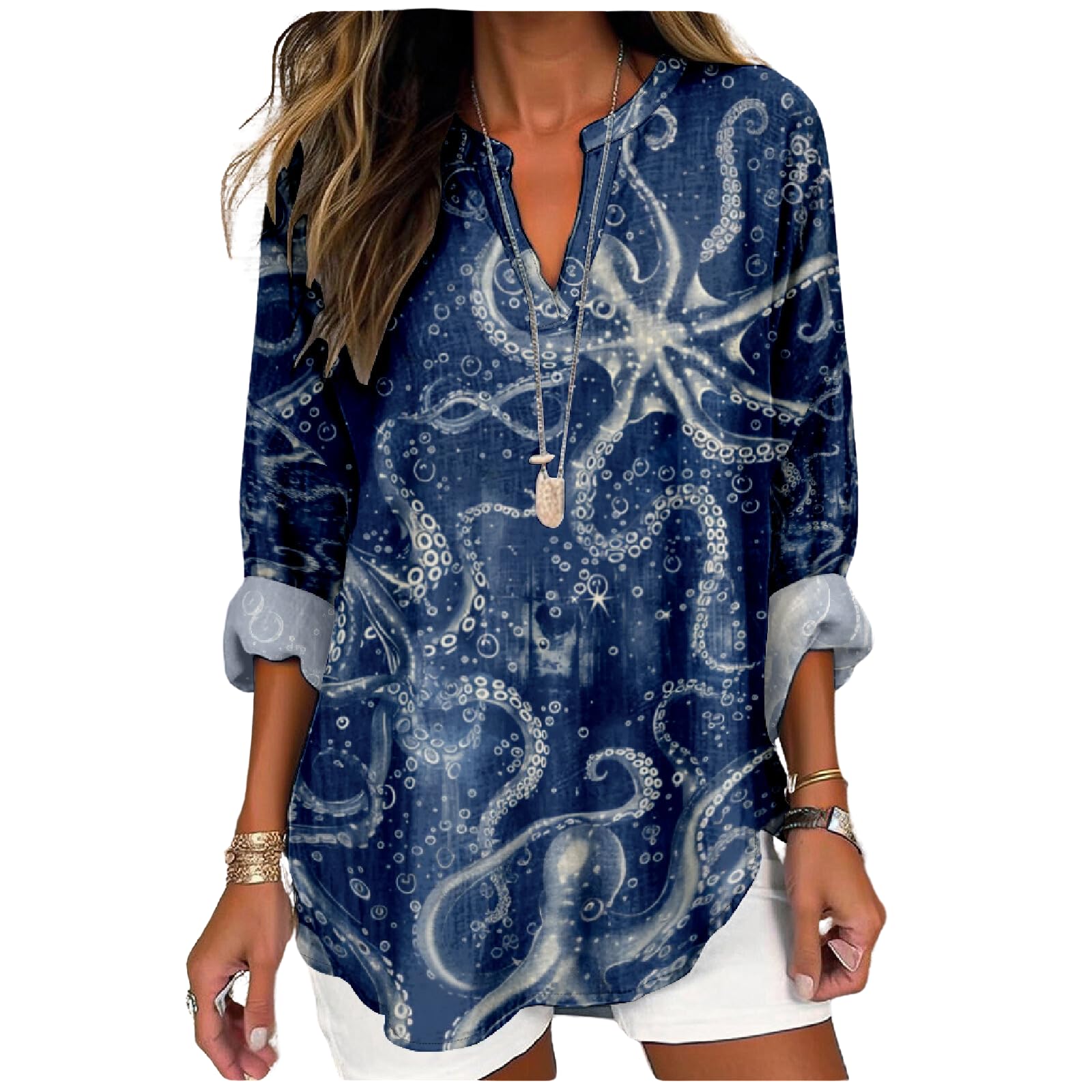 MARSVOVO Japanese Art Style Shirt for Women Long Sleeve Novelty Graphic Tops V Neck Oversize Vintage Causal Pullover