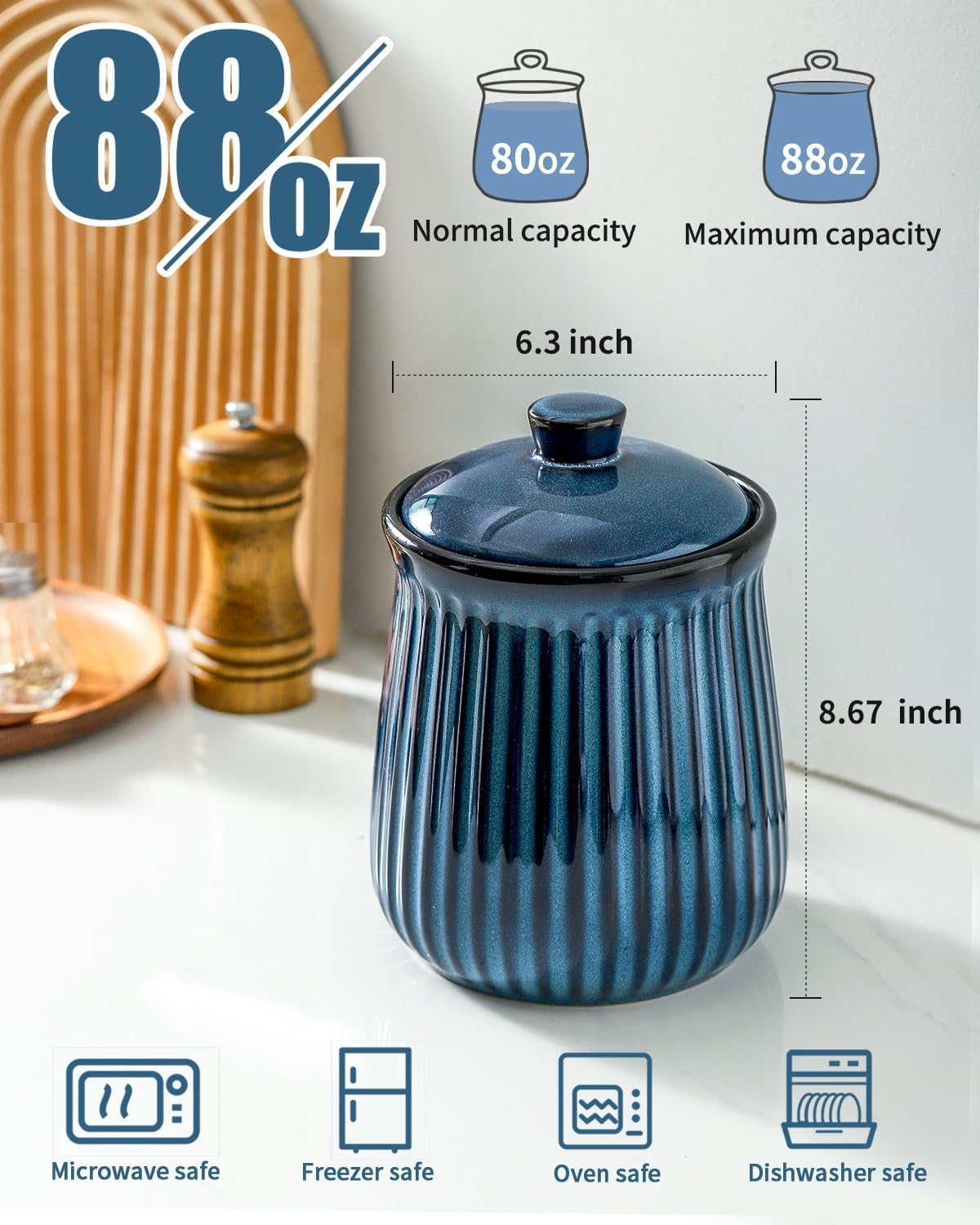 Hasense 2 Piece Butter Dish with Lid for Countertop,88 oz Ceramic Food Storage Jar, Navy Blue