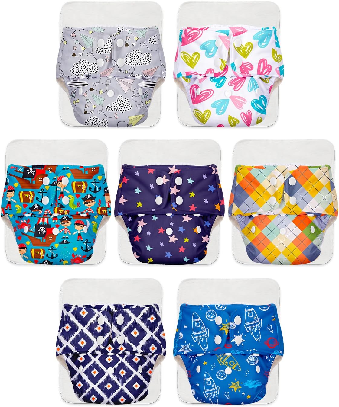 Superbottoms Basic Leakage-proof advanced cloth diapers for babies, High Absorbent 100% cotton 7 reusable diaper and 7 insert pad Combo Pack washable cloth diaper 3M -3Years Adjustable, Reduces Rash