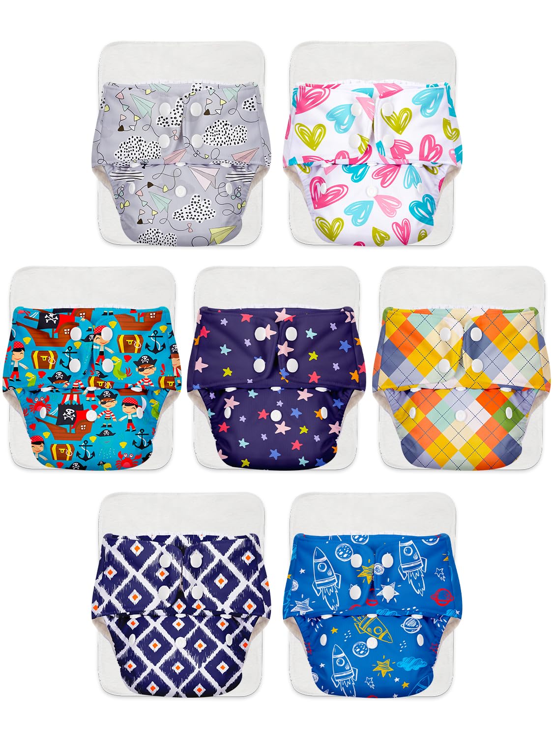 Superbottoms Basic Leakage-proof advanced cloth diapers for babies, High Absorbent 100% cotton 7 reusable diaper and 7 insert pad Combo Pack washable cloth diaper 3M -3Years Adjustable, Reduces Rash