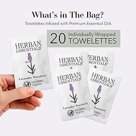 Herban Essentials - Lavender Wipes & Towelettes - Essential Oil Wipes for Make Up, Hands, Face & Body - Travel Size Essentials and Toiletries - Natural, Individually Wrapped and Disposable (20 count)