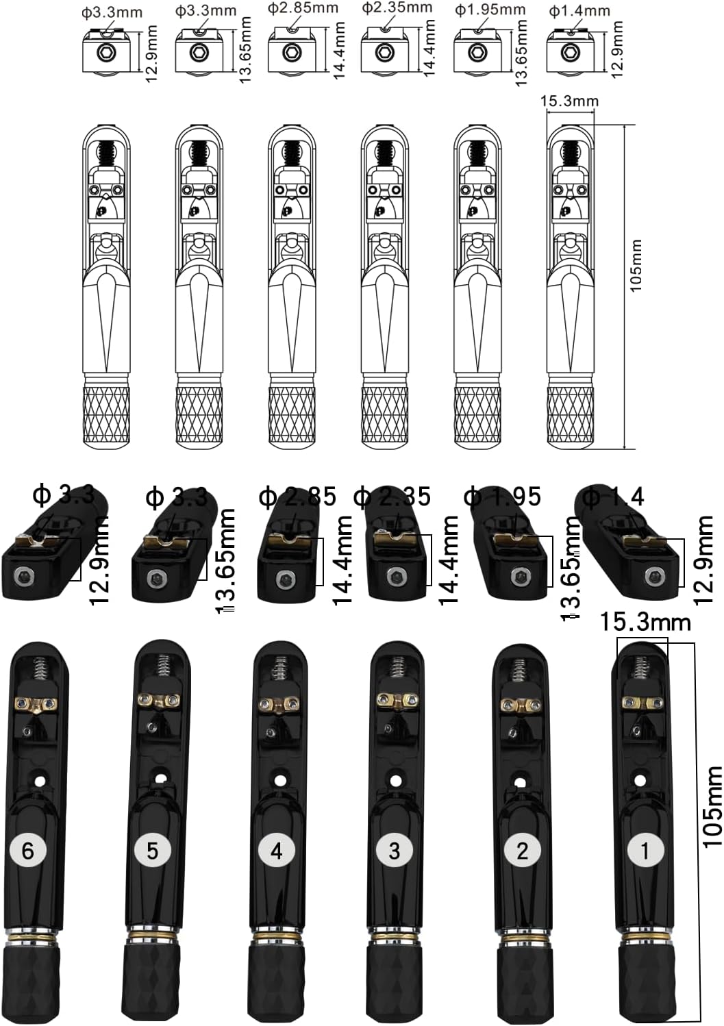 Pack of 6 Individual Single Tubular Fixed Bridge 6 String Electric Bass Bridge for Headless 6-string Bass Replacement Parts （Conductive Black）