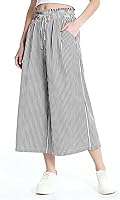 Rapbin Women's Gingham Striped Wide Leg Capri Pants - Flowy Elastic High Waist Cropped Palazzo Culottes with Pockets