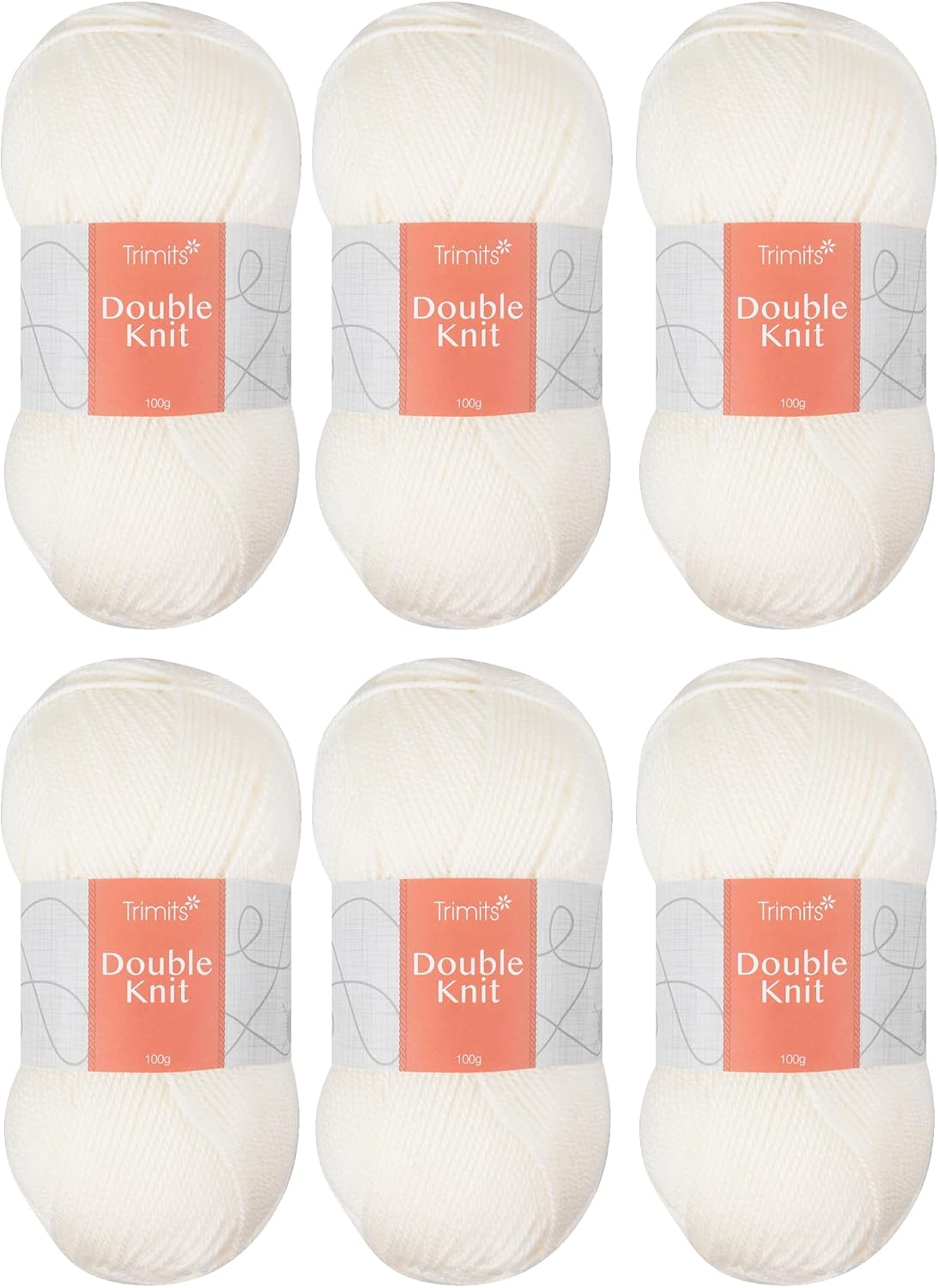 Trimits Double Knit Acrylic Yarn Wool for Knitting and Crochet - 6 x 100g 280 metres - Soft Touch Easy Care Machine Washable DK Yarn, Oeko-TEX Certified Fibre, Ecru