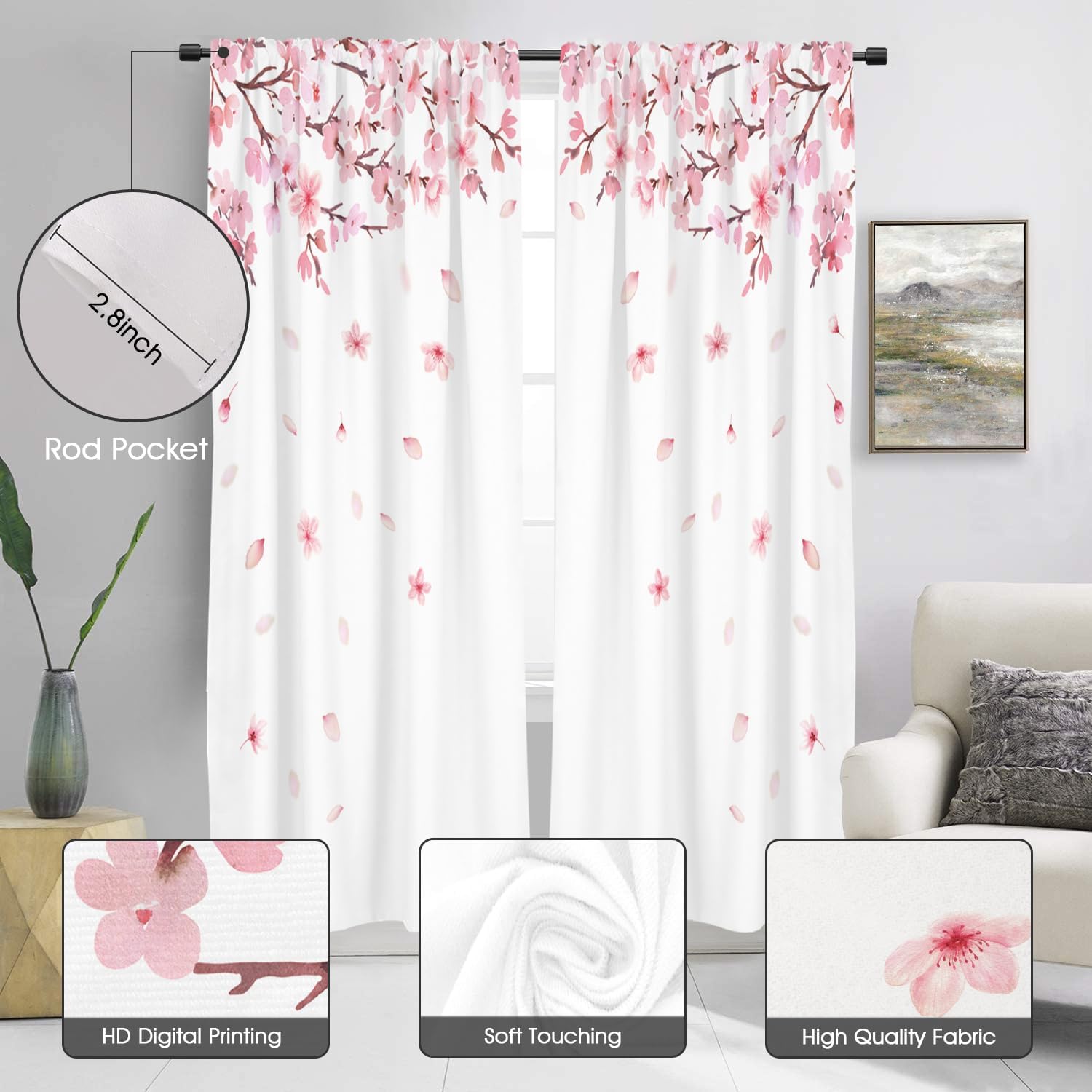 zokyer Pink Floral Window Curtain Long White Flowers Cherry Blossom Art Girls Botanical Plant Rustic Country Farmhouse 42" W x 84" L for Bedroom Living Room 2 Panels Rod Pocket Drapes