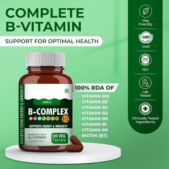 Vitamin B Complex Tablets- 120 Veg Tablets 100% RDA of Vitamin B1, B2, B3, B5, B6, B7, B9 & B12, Vitamin B Complex Supplements for Women & Men (4 Months Supply Pack)