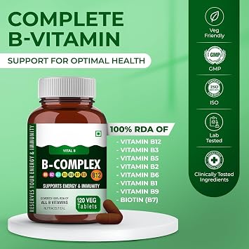 Vitamin B Complex Tablets- 120 Veg Tablets 100% RDA of Vitamin B1, B2, B3, B5, B6, B7, B9 & B12, Vitamin B Complex Supplements for Women & Men (4 Months Supply Pack)