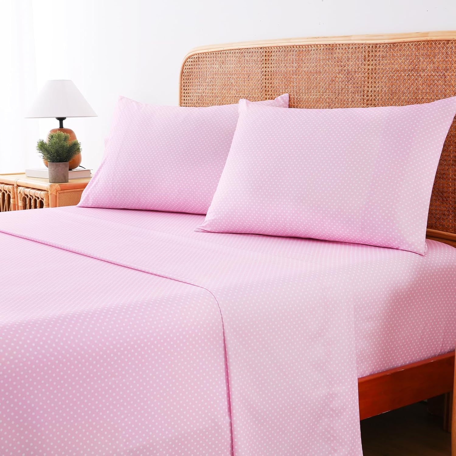 MCO 4Pieces Polka Dot Sheets Set, Breathable King Sheet Set with 16" Deep Pocket, Modern & Luxury, Brushed Microfiber Bedding Set(King, Polkadot Pink)