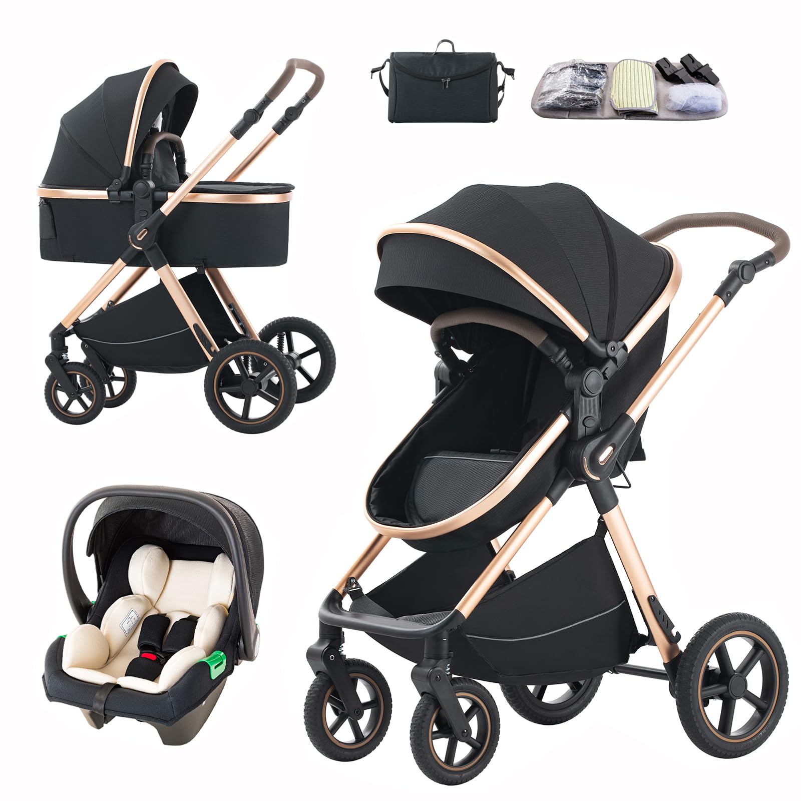 Poussette 3 en 1 avec porte-bébé 0 à 4 Ans jusqu'à 22 kg Pliable Noir