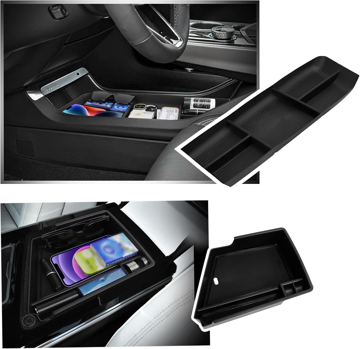 Center Console Organizer Compatible with 2023 2024 Cadillac Lyriq Accessories, 2PC Armrest Insert Storage Box with Lower Under Console Organizer Coin and Sunglasses Holder