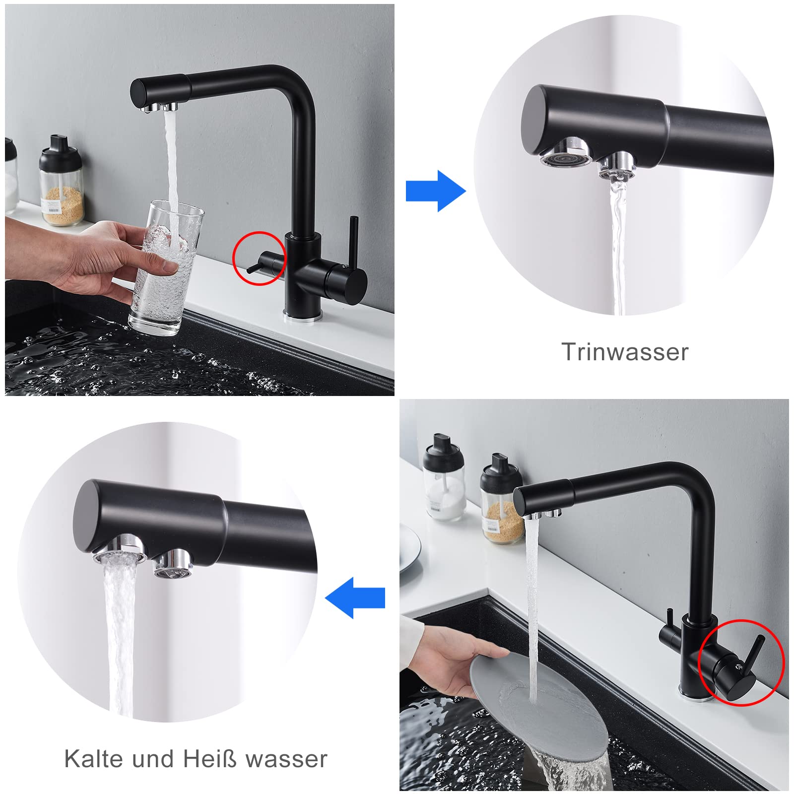 Grifería de Cocina Agua Potable con 3 Vías osmosis integrado con Caño Flexible 360° Giratorio Robinetterie Doble Mango 3 en 1 para Purificador de Filtro de Aguay En Latón Negro