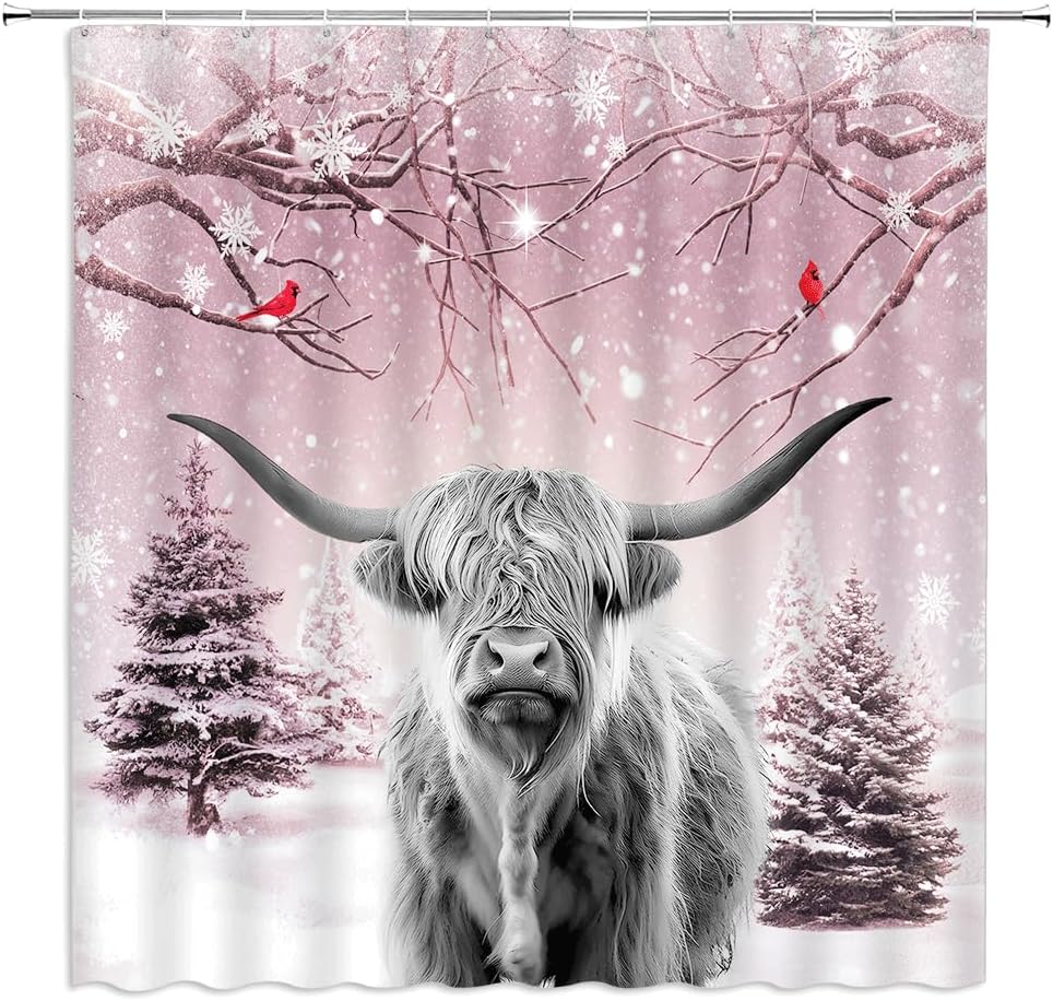 Winter Christmas Shower Curtain Funny Highland Cow Farmhouse Bull Snowflake Red Bird Pine Tree Forest Animal Xmas Holiday Scenery Bathroom Decor Polyester Fabric Curtains with Hook 106Wx70H Inches