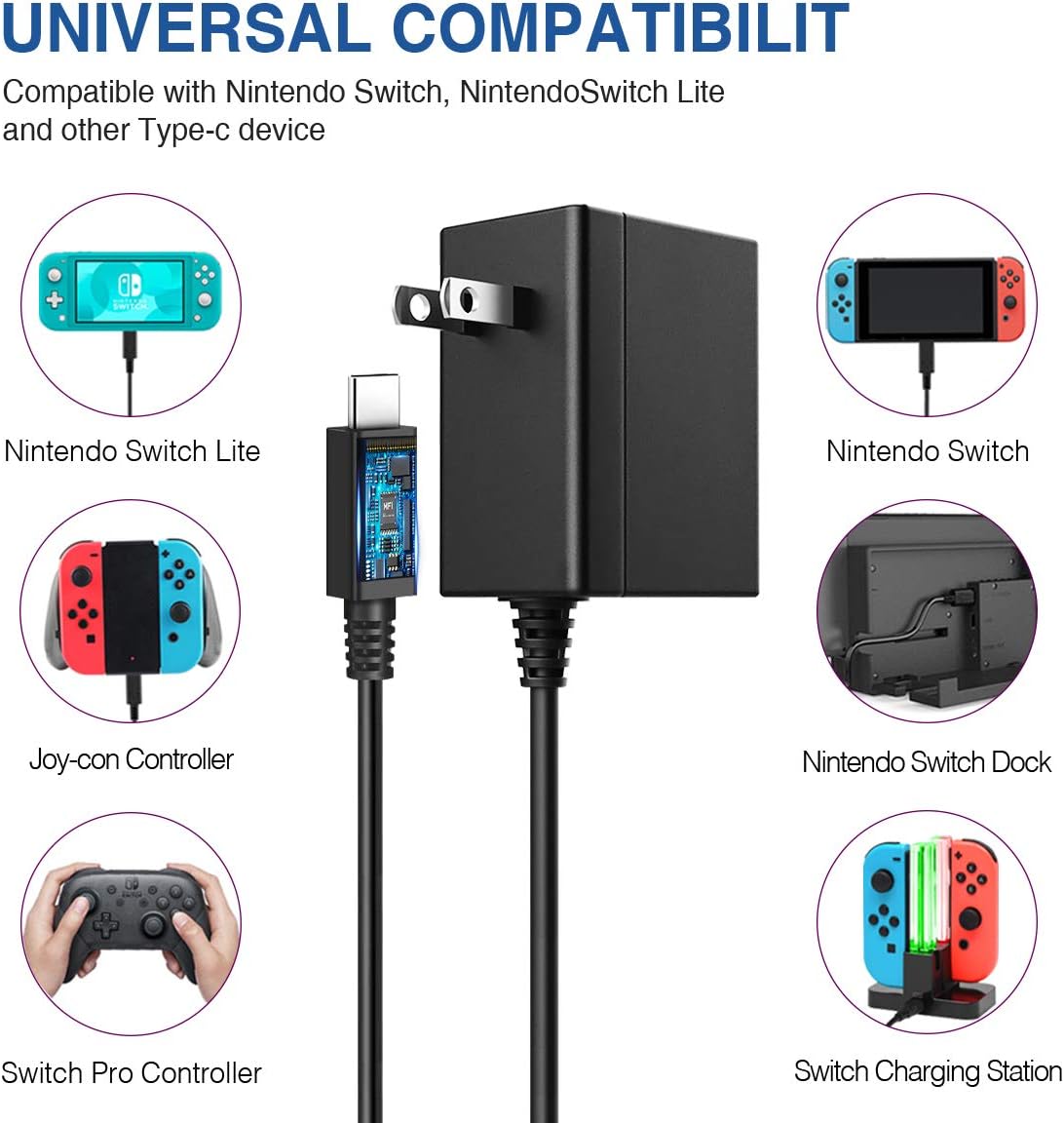 Switch Charger,AC Adapter Charger for Switch and Switch Lite, Daugee Fast Charging 15V 2.6A AC Adapter USB C Power Supply for Nintendo Switch /Switch Lite/Pro Controller (Support TV Mode and Dock) : Video Games