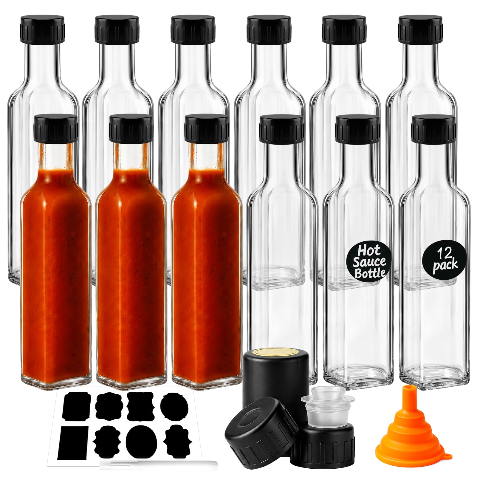 WERTIOO Hot Sauce Bottles 12Pack 8.5oz Square Glass Sauce Bottles with Lids