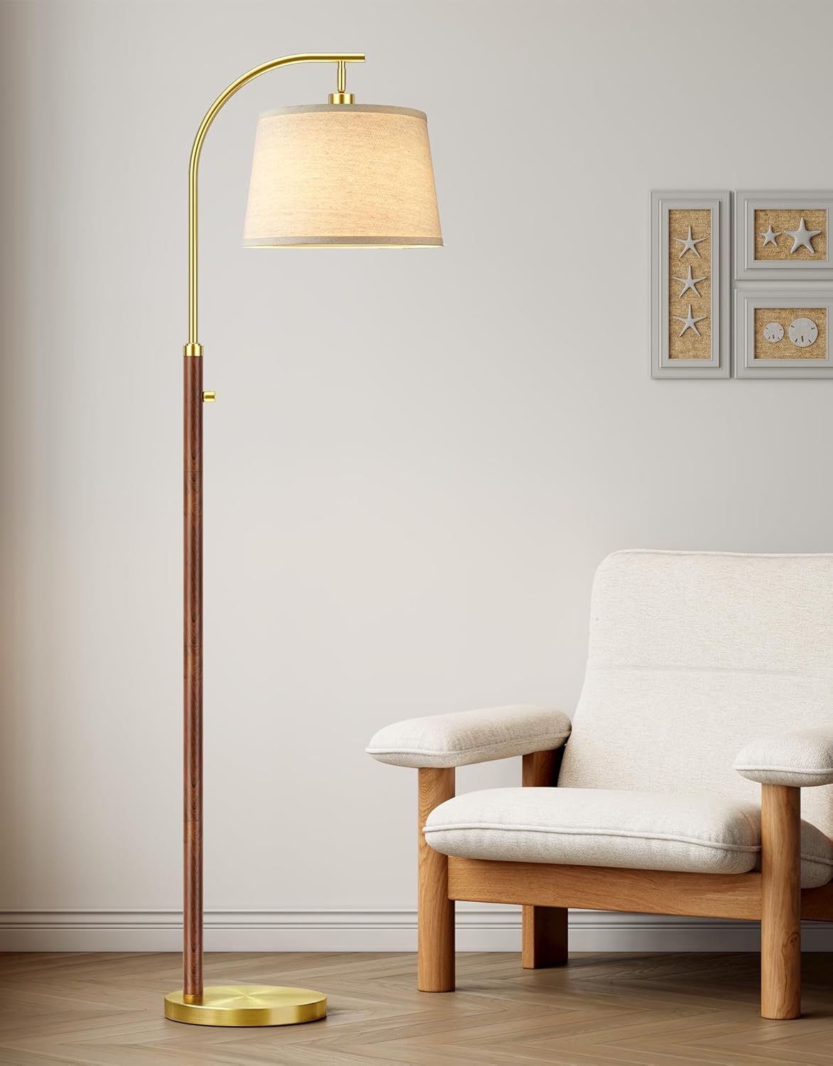 Dimmable Floor Lamp for Living Room, 65" Tall Metal Standing Lamp with LED Bulb, Mid Century Modern Arc Floor Lamp with Linen Shade for Bedroom, Reading Room, Office & Nursery, Gold and Walnut Color