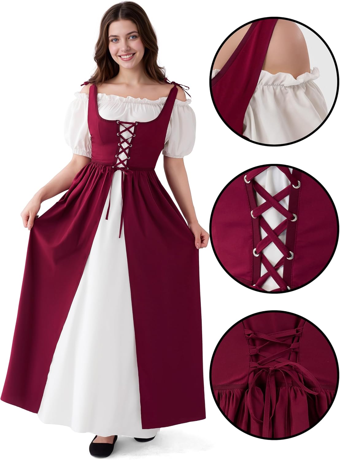 Spooktacular Creations Halloween Renaissance Dress Costume Women, Short Sleeves Medieval Peasant Ren Faire Maxi Dress - Image 5