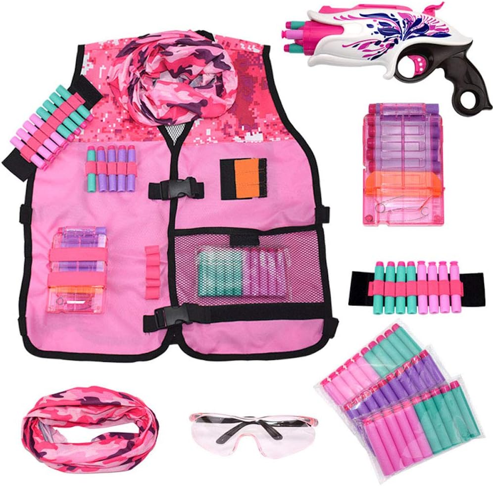 Girls Pink Tactical Vest Set with Gun for Nerf Rebelle and Elite Series with 30 Refill Darts, Quick Reload Clip, Wrist Ammo Holder, Safety Glasses, and Tube Mask