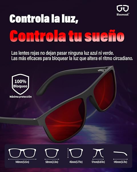 Bloomoak-99% Gafas de bloqueo de luz azul-Gafas para juegos-Antideslumbrantes-Antifatiga-TR90-Adecuado para pantallas, juegos, tvs, teléfonos móviles (True Dark Red - 100% - Sleep Master) - 3