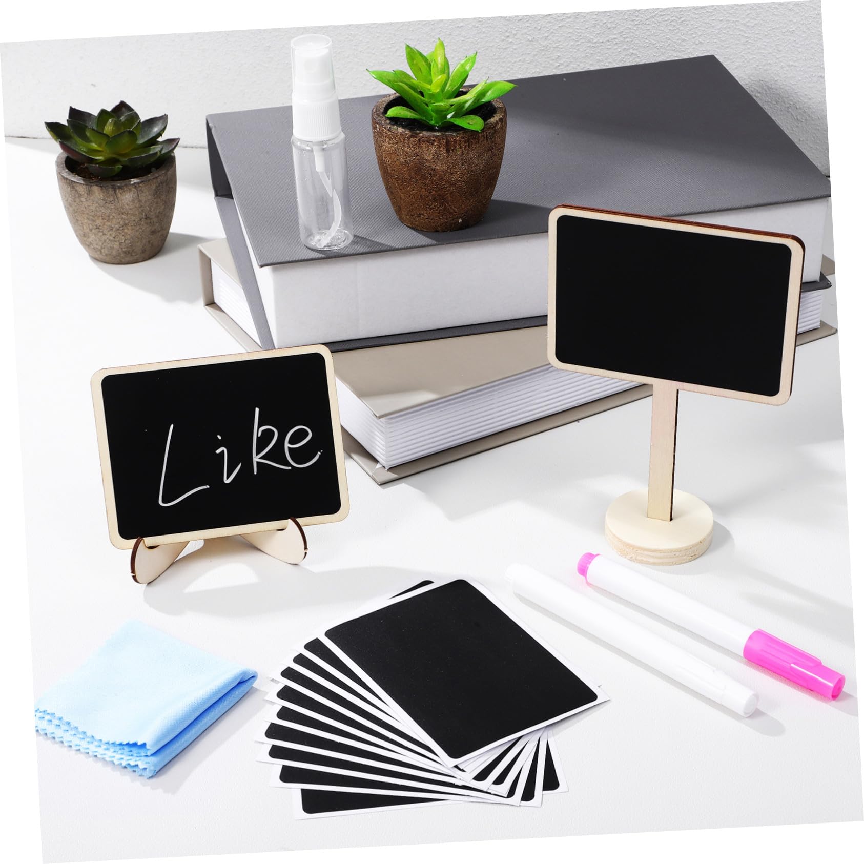 Angoily 2 Ensembles Mini Ardoises Rectangulaires Bois avec Support Étiquettes Effaçables pour Buffet et Fêtes Lot de Tableaux Noirs avec Craies et Stickers Décoration et