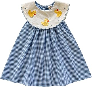 Vestido de verano para niña, diseño de cuadros con pato, bordado de Peter Pan, cuello en A, vestido de ocio, vestido de algodón, cómodo, bonito para el día a día, fiesta, suave, amarillo y azul