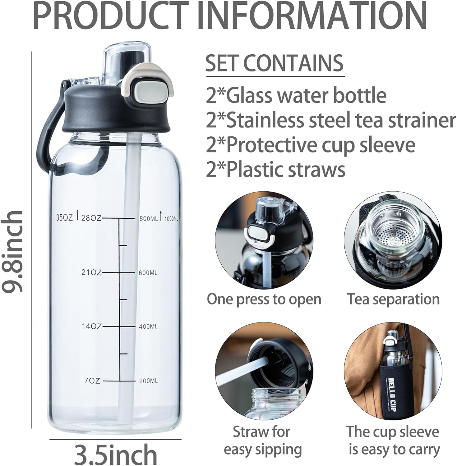 35oz Glass Water Bottle with Straw & Handle, BPA-Free Leakproof Glass Water Bottles with Stainless Steel Tea Strainer & Protective Sleeve for Travel, Gym, Home, Office (2PCS)