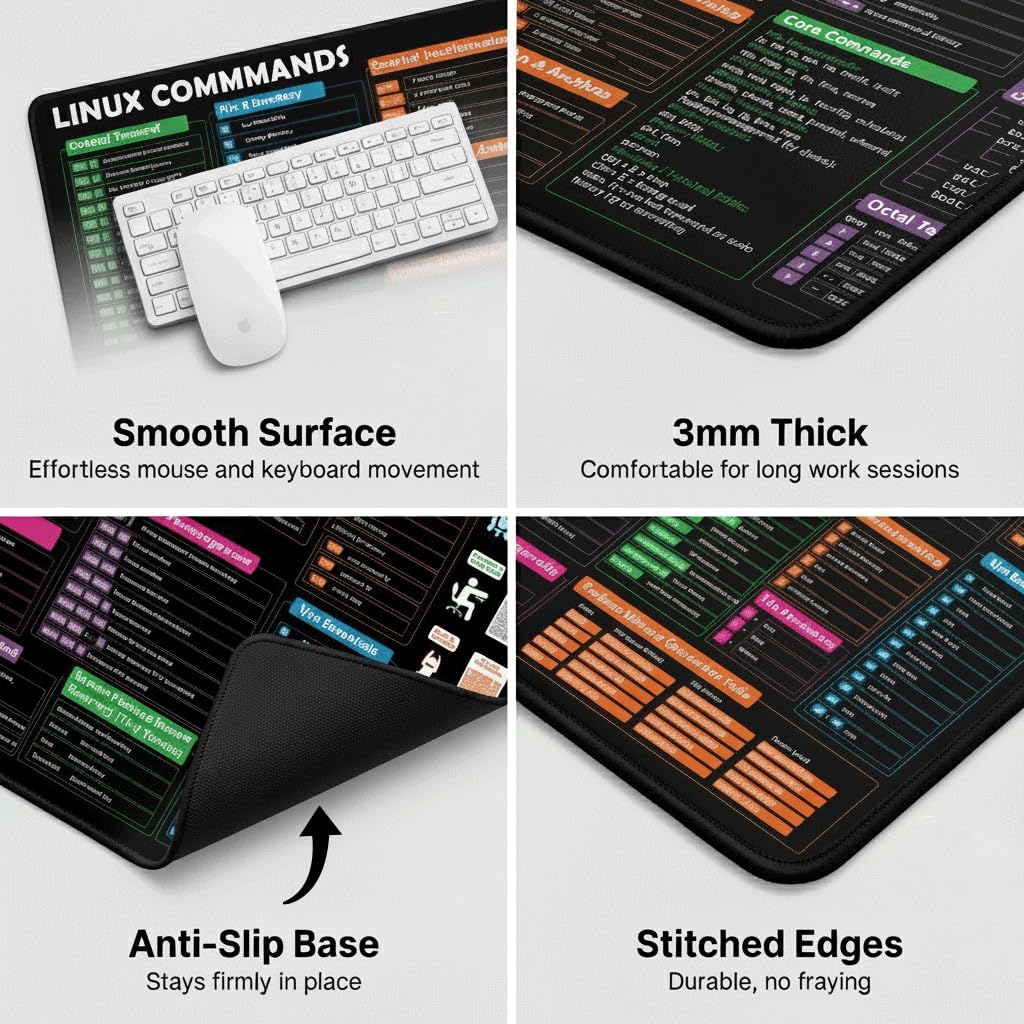Linux Commands - Tappetino da scrivania e tappetino per mouse, grande tappetino per mouse esteso con scorciatoie terminali, comandi Bash, Git & Vim Essentials, tappetino da scrivania Linux/Ubuntu/Arch