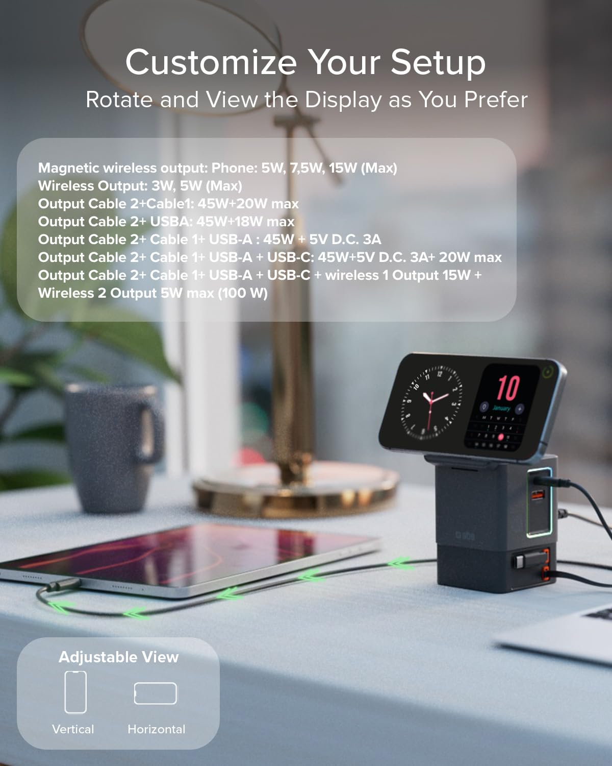 SBS Power Dock 6in1 100W USB-C, Kabelloses Laden 15W, MagSafe-kompatibel, Power Delivery (PD 3.0 PPS), Ladestation mit 2X Einziehbarem Kabel, Netzteil für Notebook, iPhone, AirPods, Schwarz | Power Delivery (PD 3.0 PPS), Ladestation mit 2 einziehbaren Kab