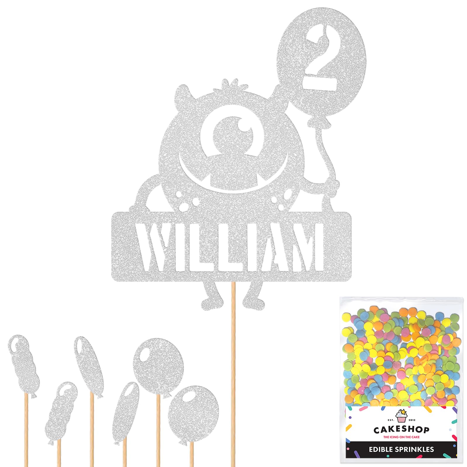 Personalised Birthday Monster Alien Glitter Cake Topper Silver Any Custom Age & Name Glitter Cake Decoration and Sprinkles - Happy Birthday Decorations - Personalised Toppers for Cakes by Cakeshop — image 1