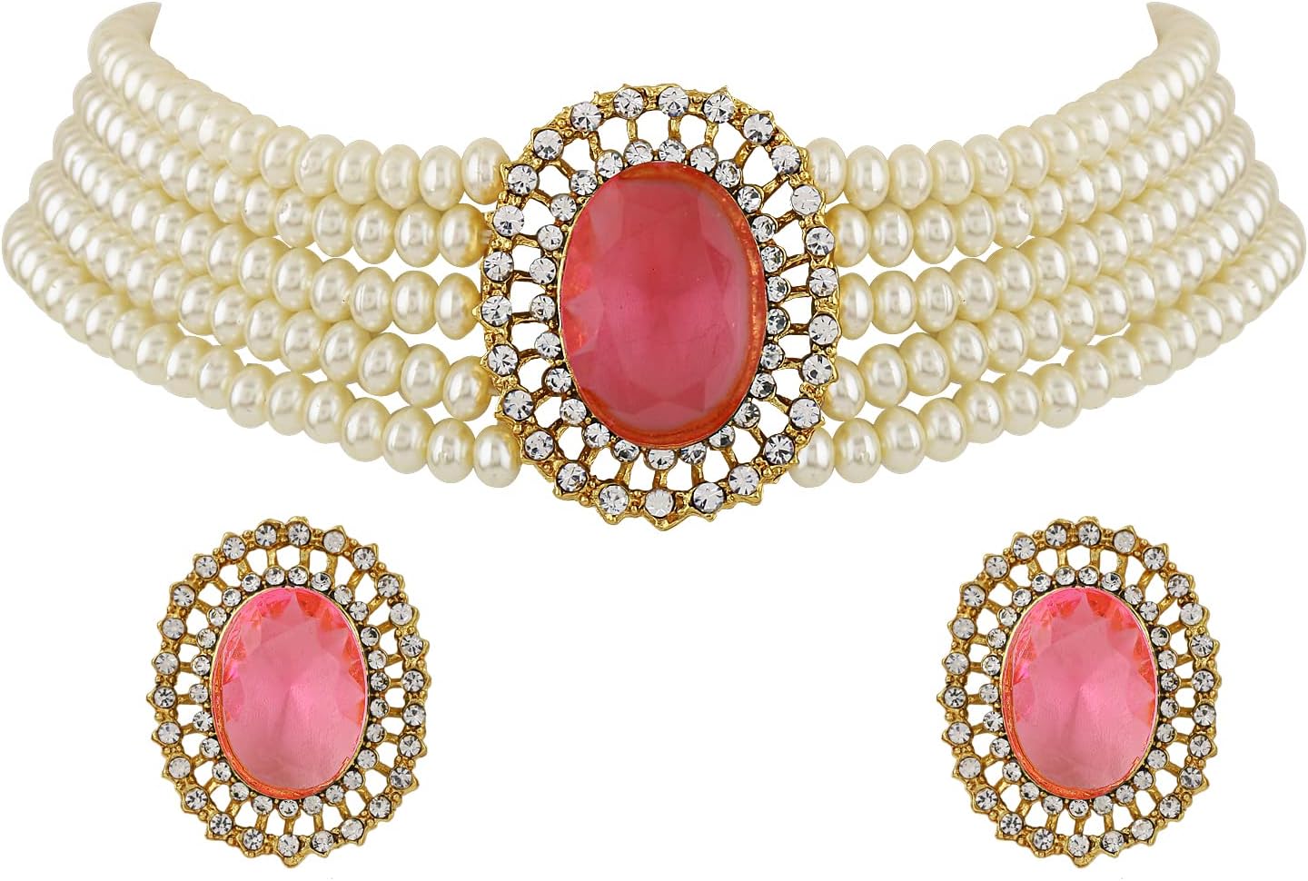 18k Gold Plated Latest Stylish Fancy Choker Traditional Pearl Necklace Jewellery Set for Women